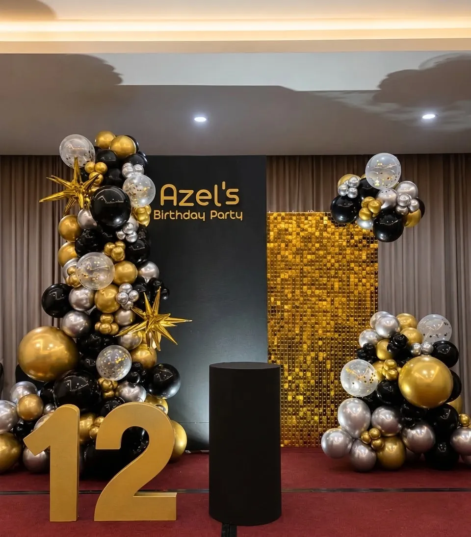 Dekorasi balon hitam emas untuk pesta ulang tahun mewah